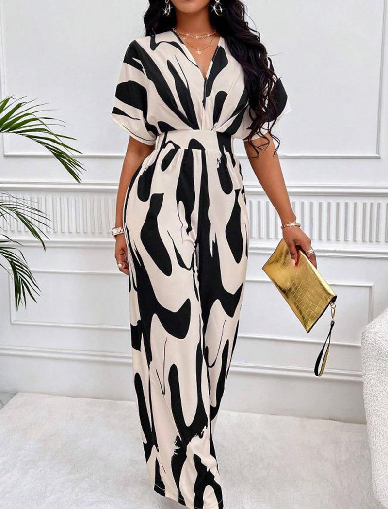 Abstract Print V-Neck Jumpsuit