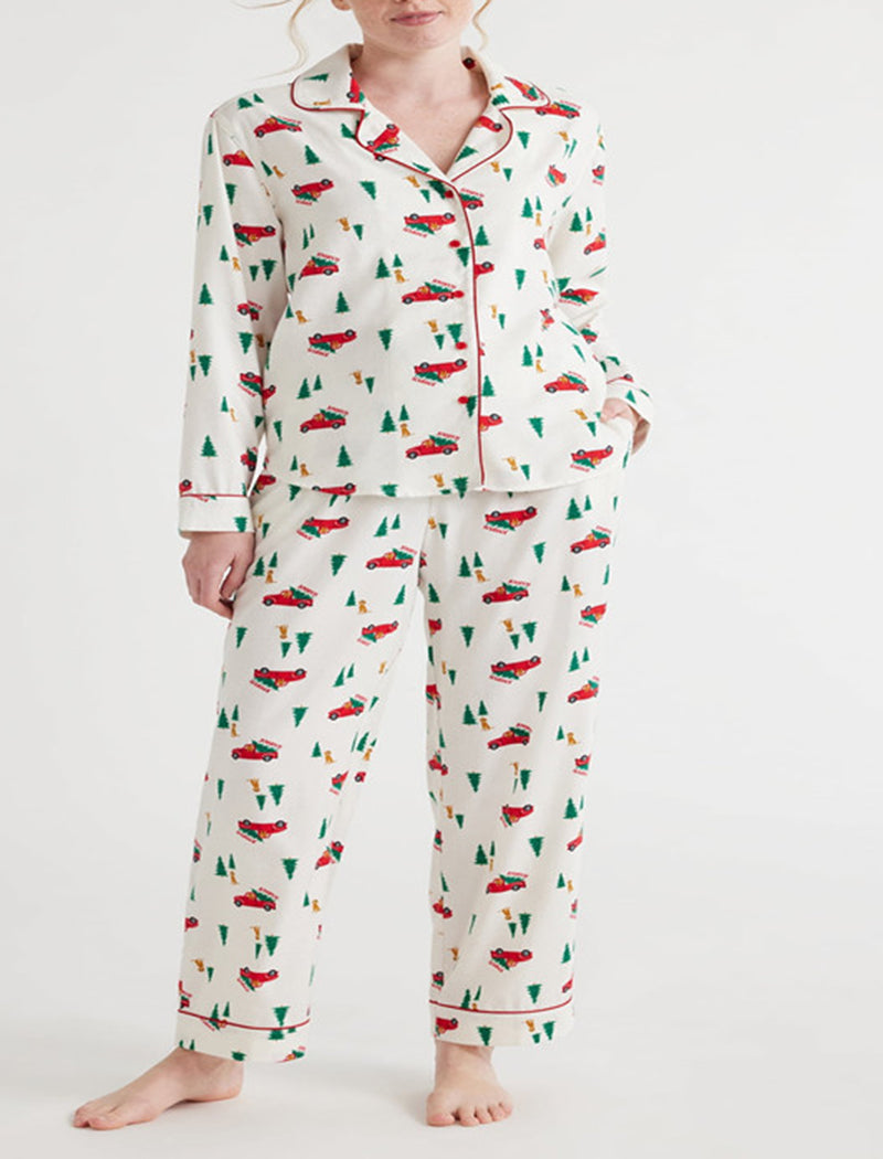 Long Sleeve Collared Christmas Print Lounge Set
