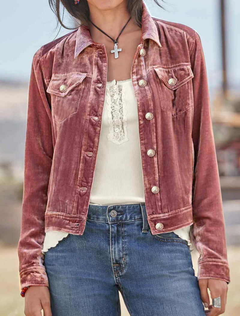 Button-Up Velvet Jacket with Chest Pockets