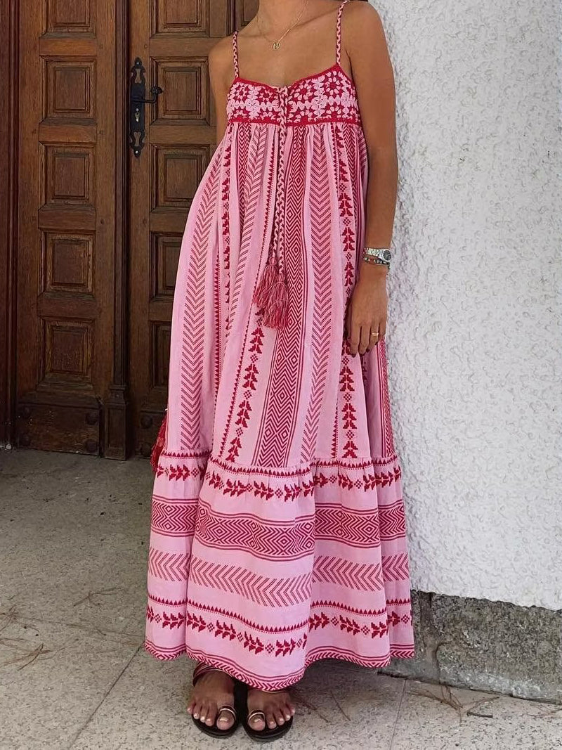 Graphic Pleated Strappy Maxi Dress