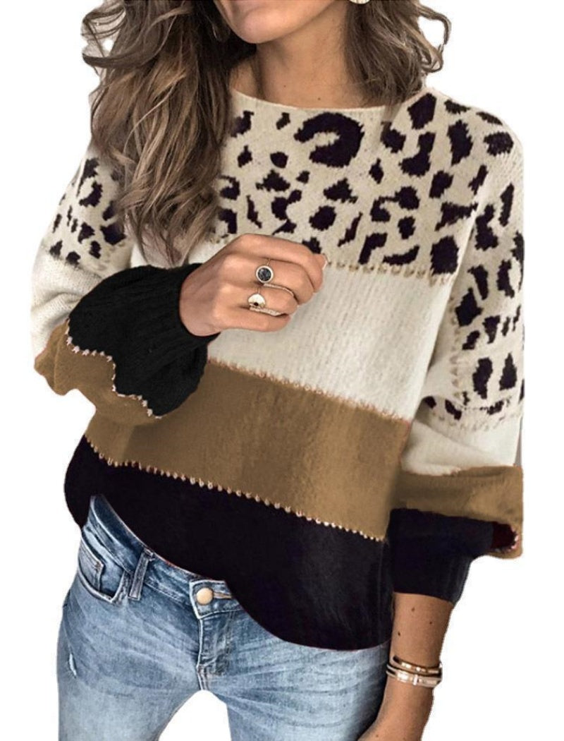Leopard Print Colorblock Sweater with V-Neck