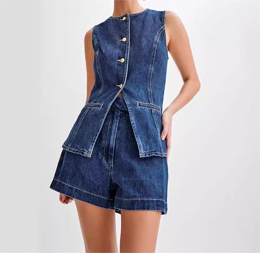 Denim Vest and  High-Waist Shorts Set