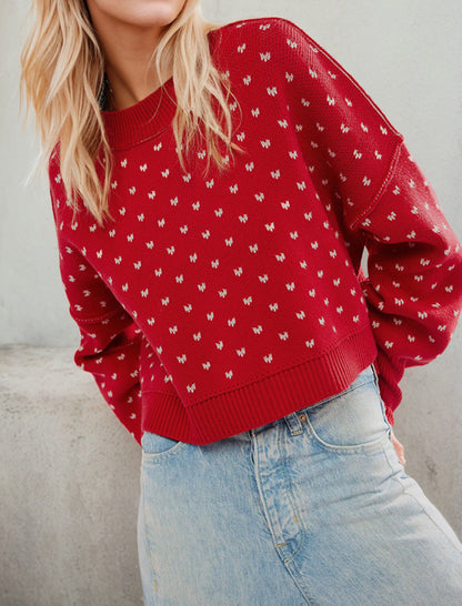 Heart Print Knit Crop Sweater