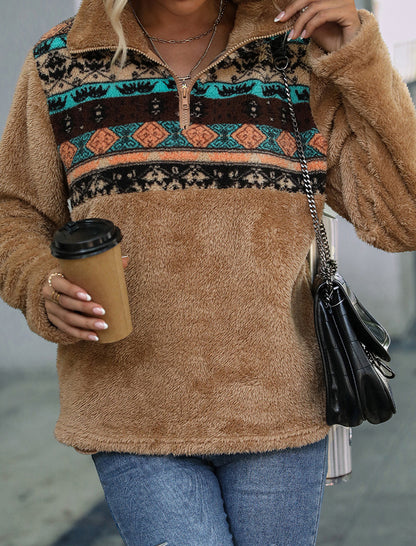 Plush Floral Half-Zip Stand Collar Pullover