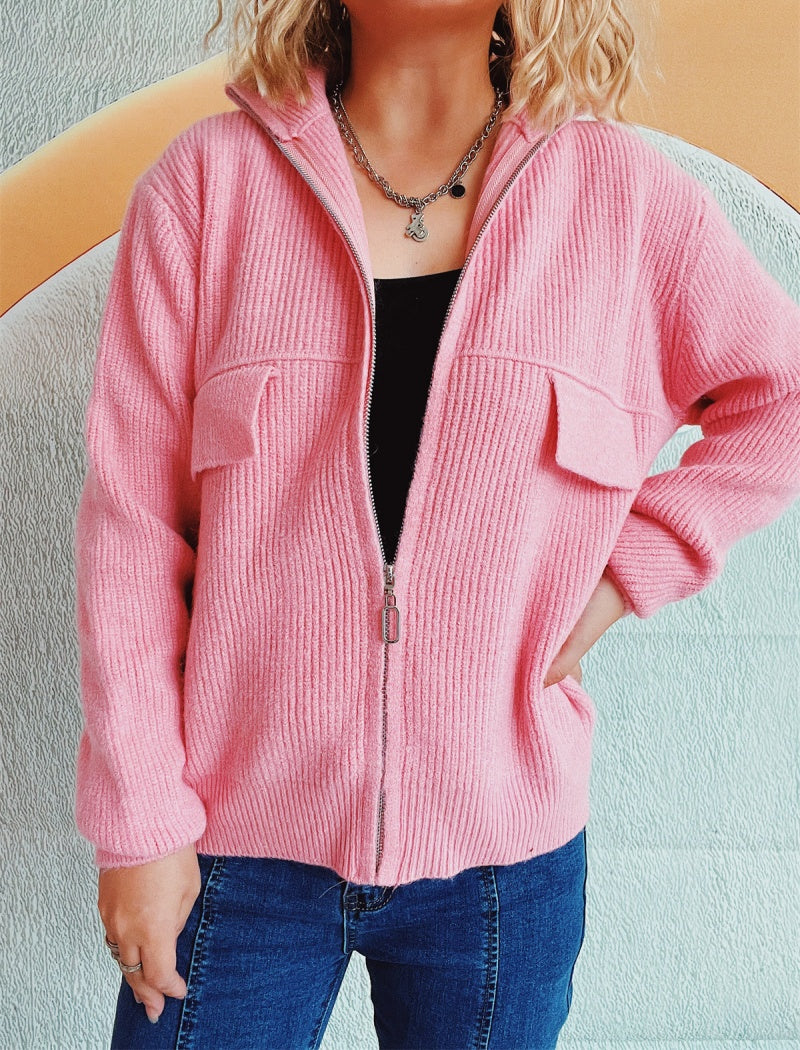 Zip-Up Knit Cardigan with Pockets