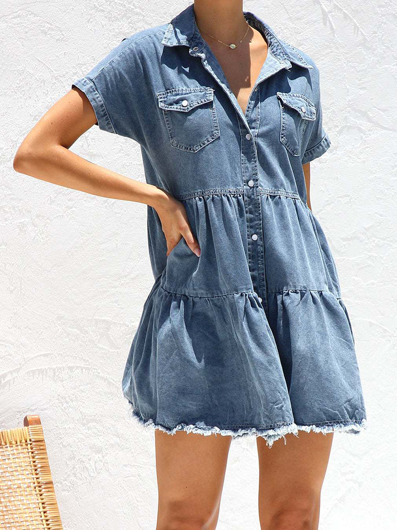 Tiered Denim Button-Up Mini Dress