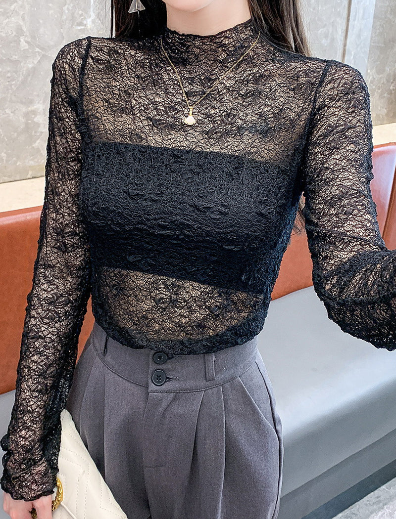 Mock Neck Sheer Lace Top