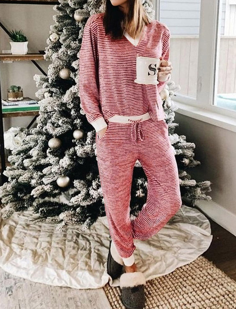 Striped Cozy Lounge Set with V-Neck