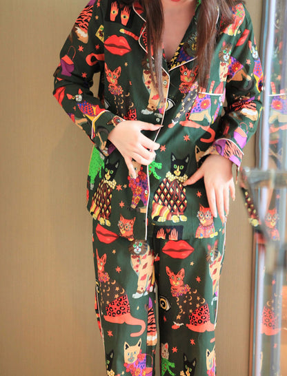 Cat Print Long-Sleeve Pajama Set