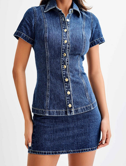 Button-Down Denim Top and Mini Skirt Set