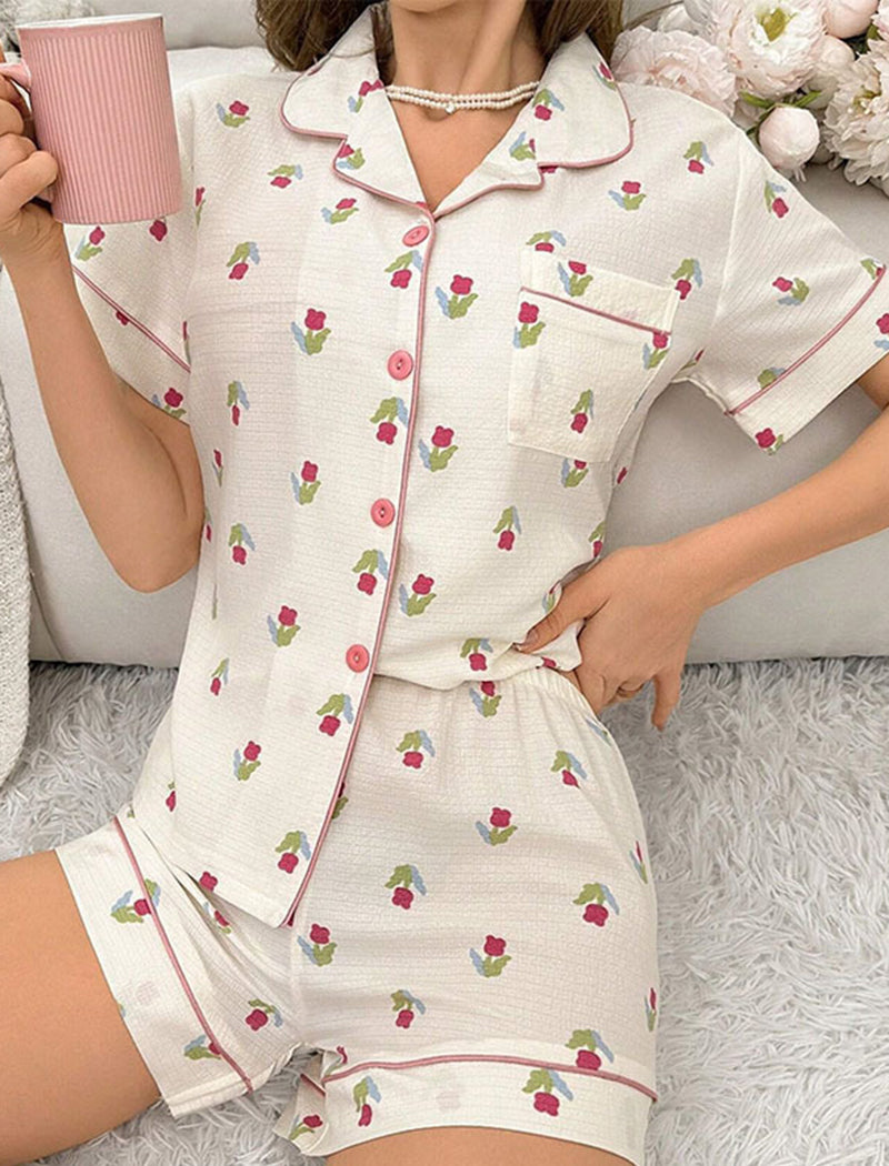 Floral Print Pocket Lounge Set Pajamas