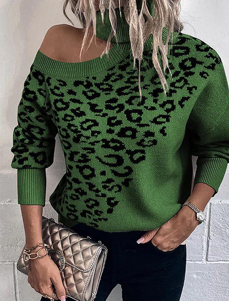 Leopard Print Off-Shoulder Knit Sweater