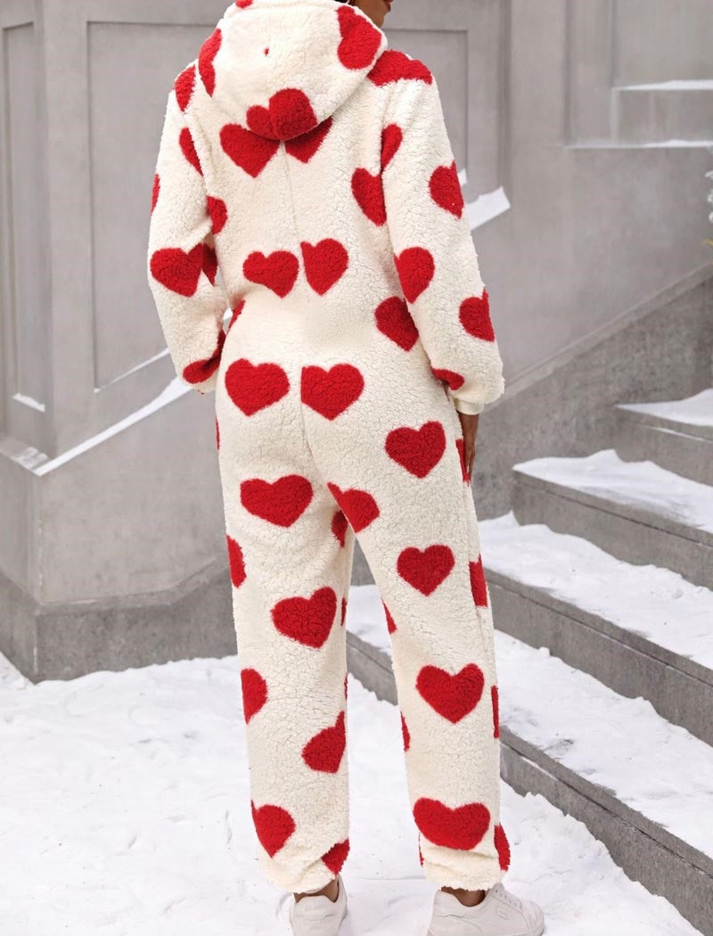 Fuzzy Heart Print Hooded Onesie