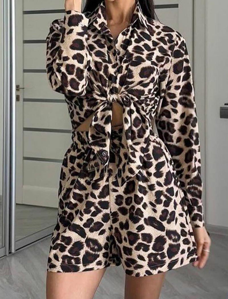 Leopard Print Tie-Front Top and Shorts Set