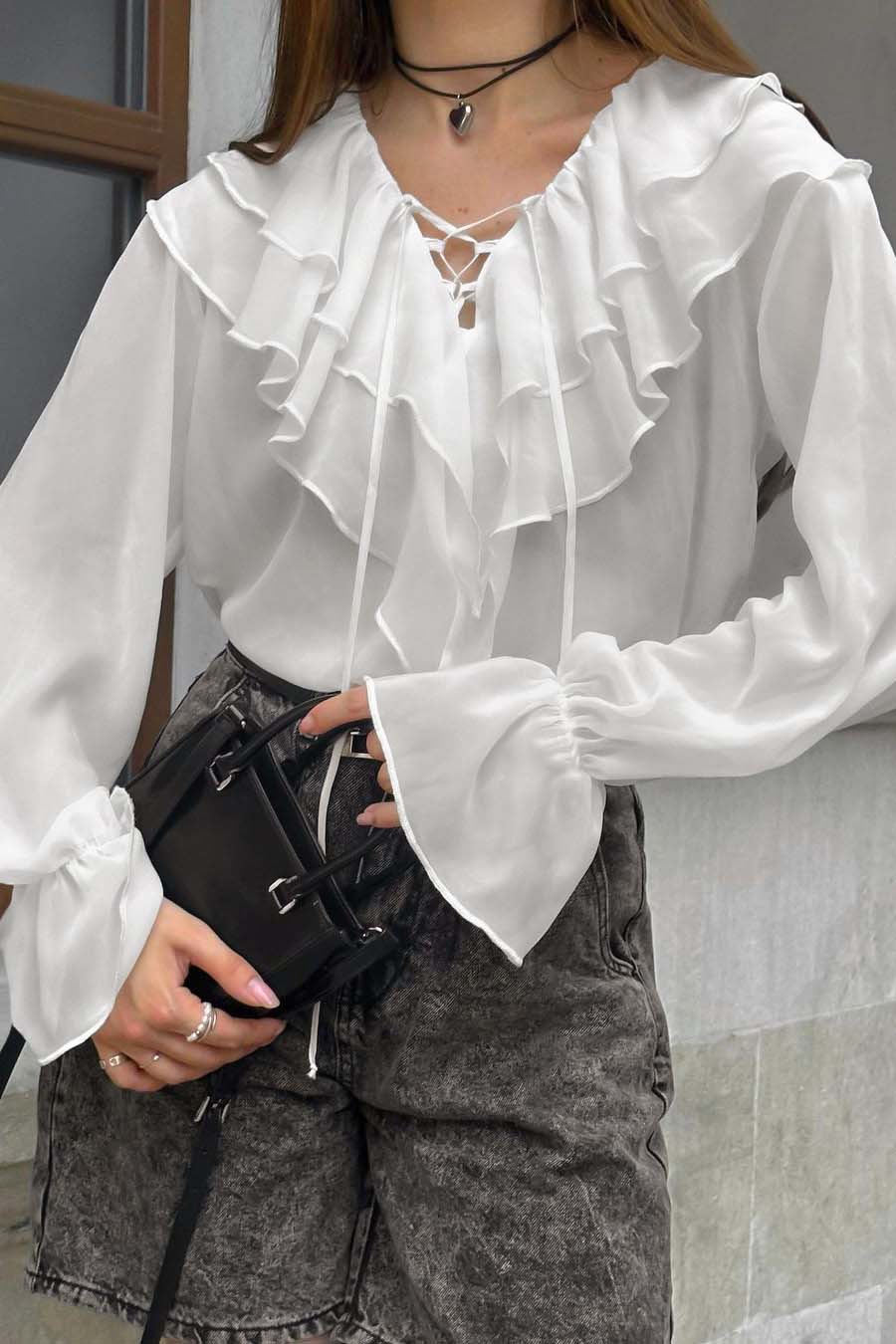 Ruffled Lace-Up Shirt