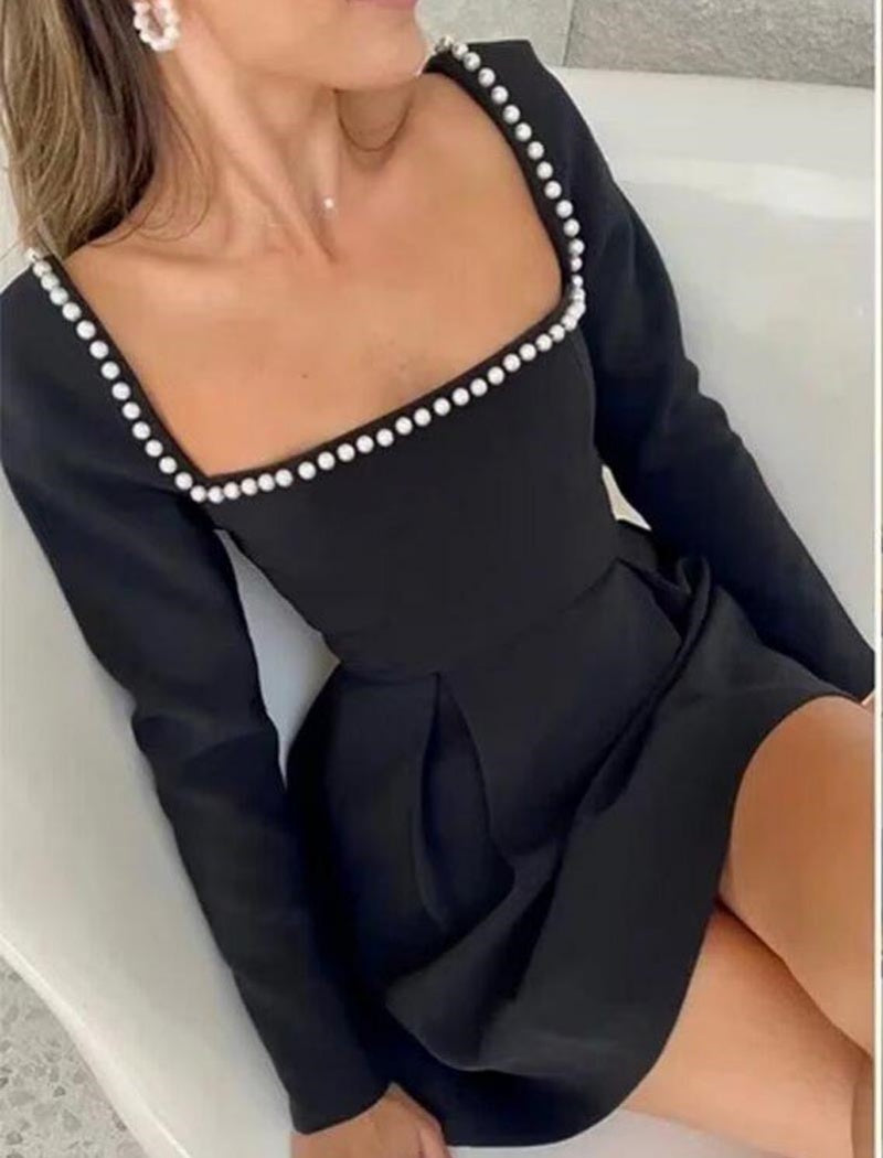 Square Neck Mini Dress with Pleated Details