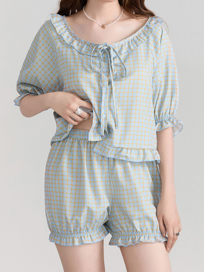 Ruffled Checkered Shirt and Shorts Set