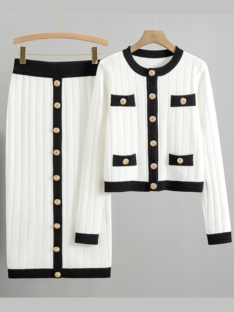 Pleated Button-Up Cardigan and Skirt Set