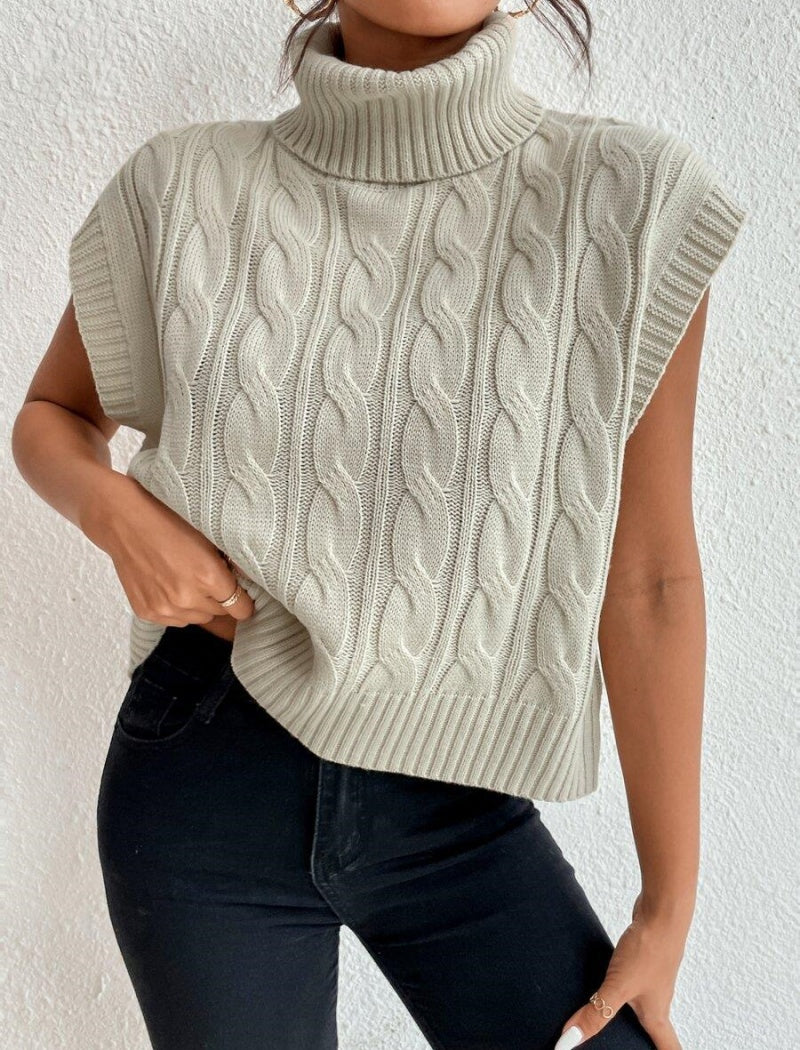 Solid Color High Neck Loose Knit Vest