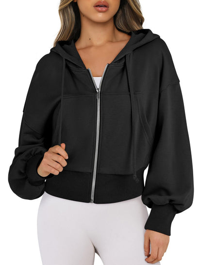 Cropped Zip-Up Hoodie with Elastic Cuffs