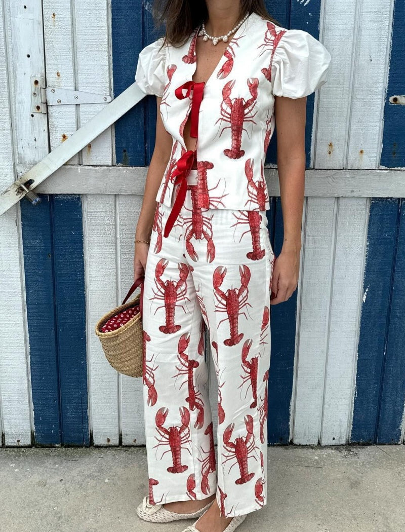 Lobster Print Bow Tie Casual Two-piece Set