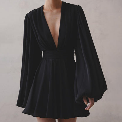 Plunging Flared Sleeve Pleated Mini Dress