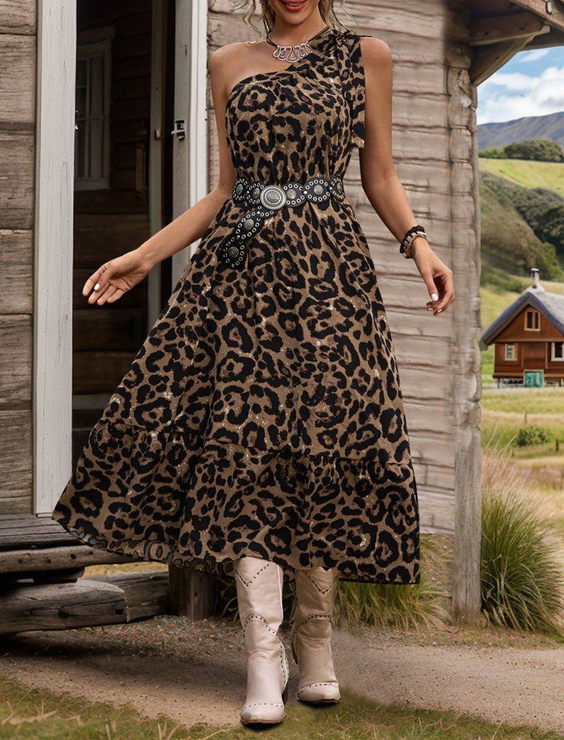 Leopard Print One-Shoulder Tie Dress