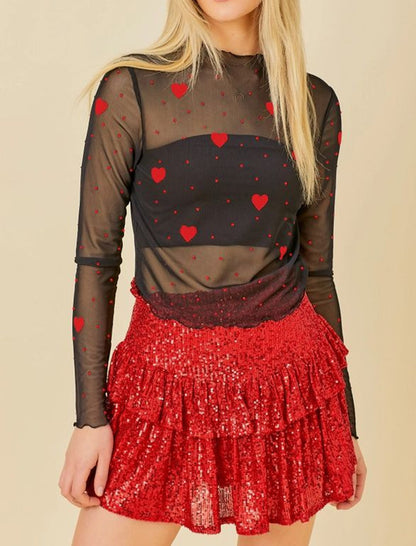 Heart Print Sheer Long Sleeve Top