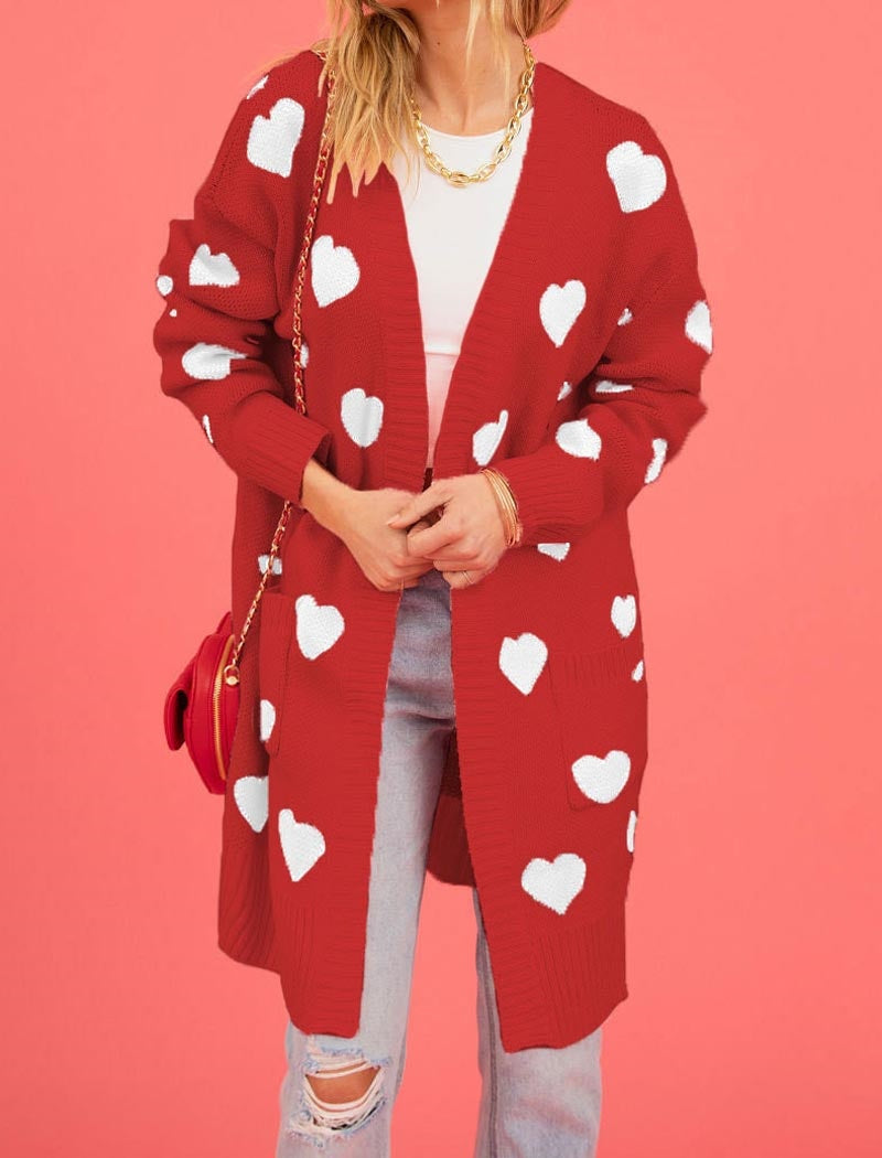 Heart Pattern Cardigan with Pockets