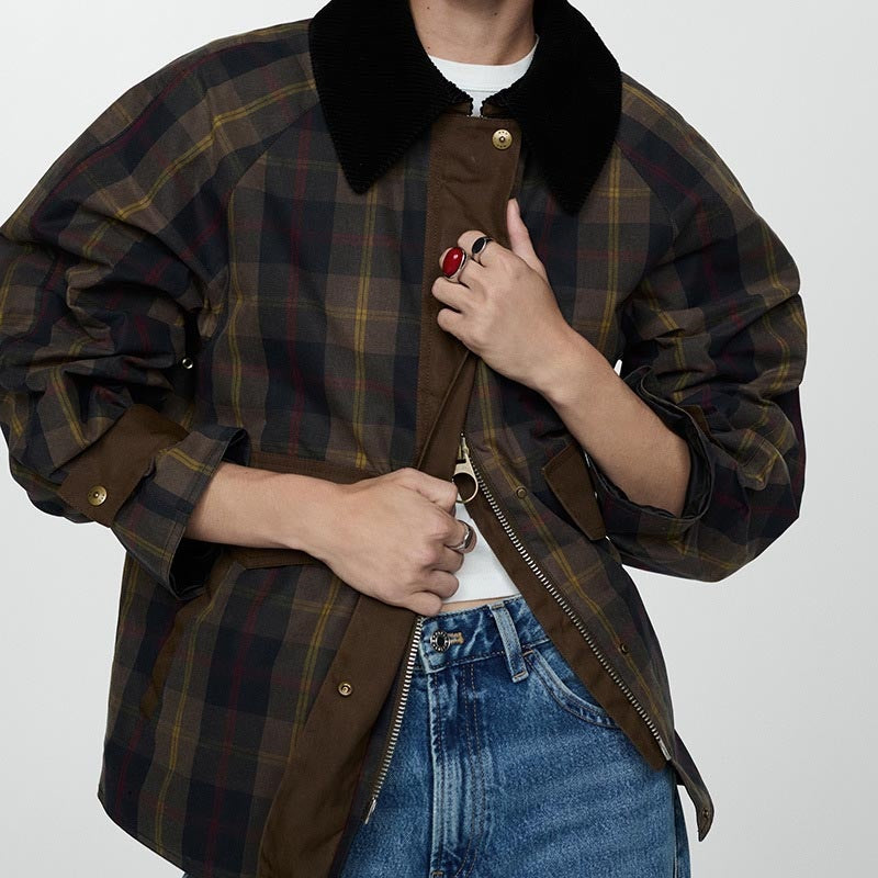 Plaid Faux Fur Collar Zip-up Jacket