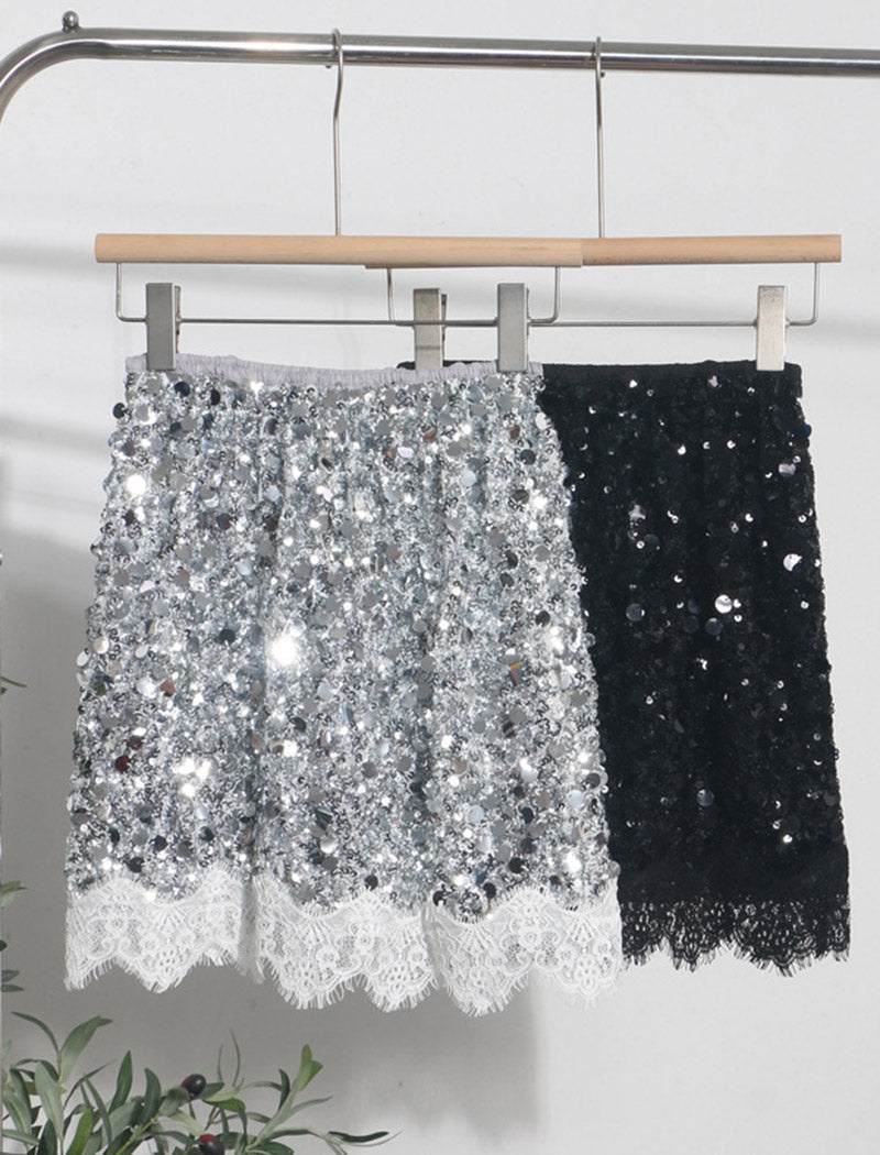 Glitter Sequin Lace Hem Mini Skirt