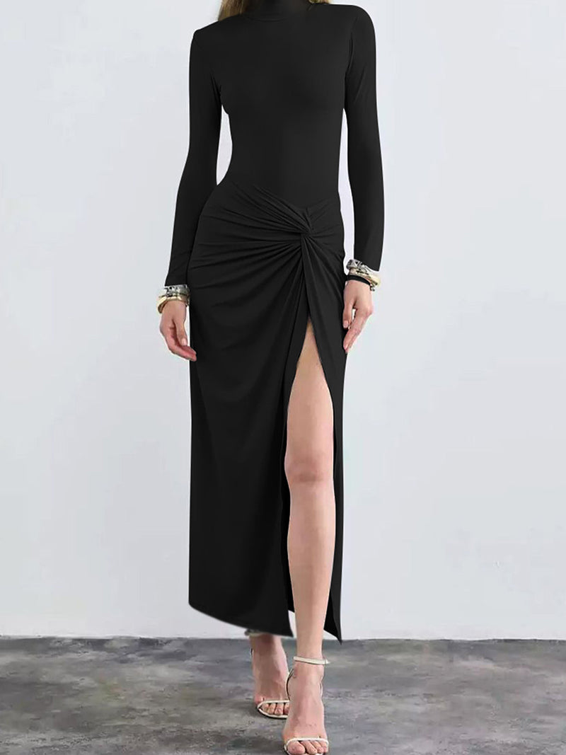 Ruched Long-Sleeve Split-Hem Maxi Dress