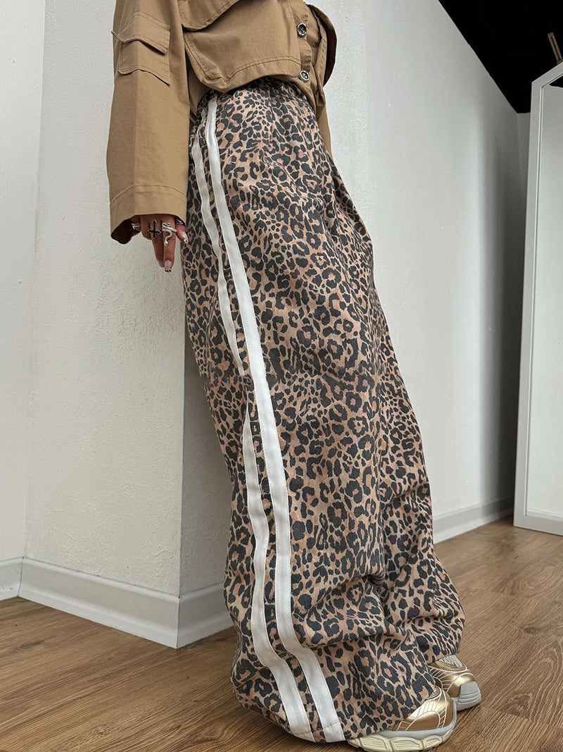 Leopard Print Striepd Wide-Leg Pants