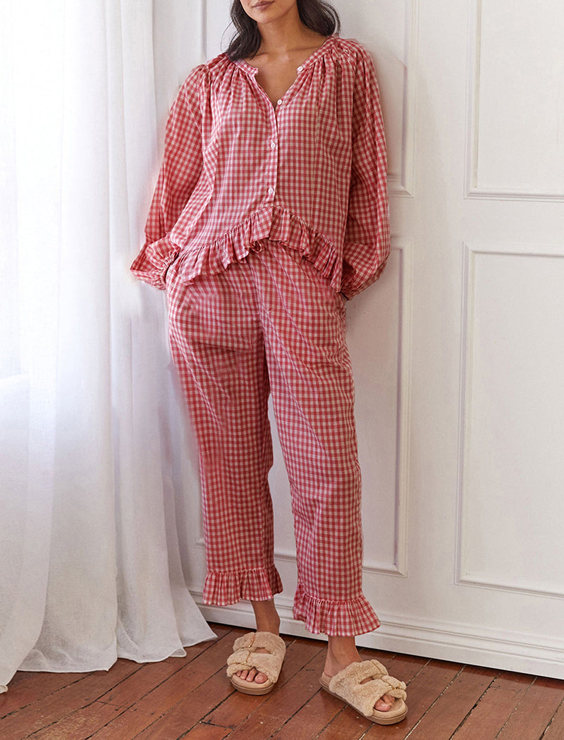 Ruffle Buttoned Long Sleeve Top and Pants Set