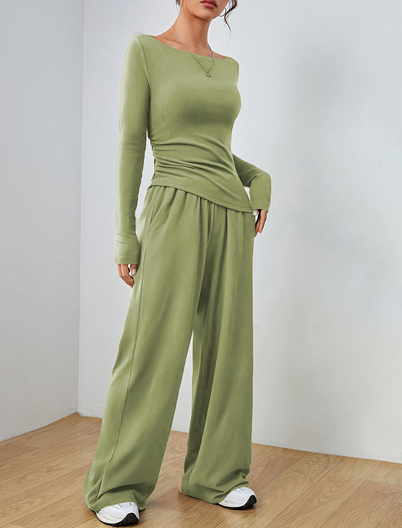 Fitted Long-Sleeve Top and Wide-Leg Pants Set