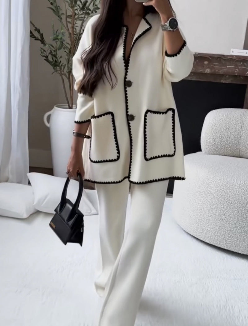 Contrast Trim Buttoned Coat and Wide-Leg Pants Set