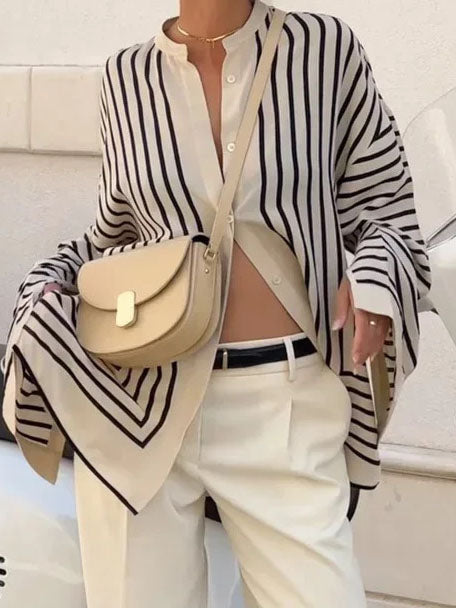Striped Flared Sleeves Button-Up Blouse