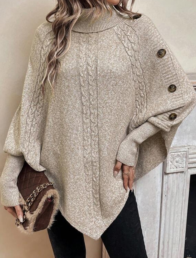 Cable Knit Button-Accent Poncho Sweater