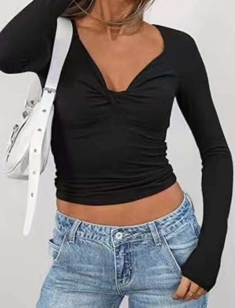 Twist Front V-Neck Slim Fit Long Sleeve Top