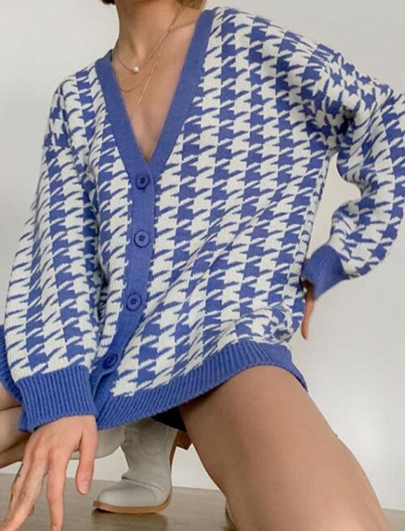 Oversized Houndstooth Button-Up Cardigan