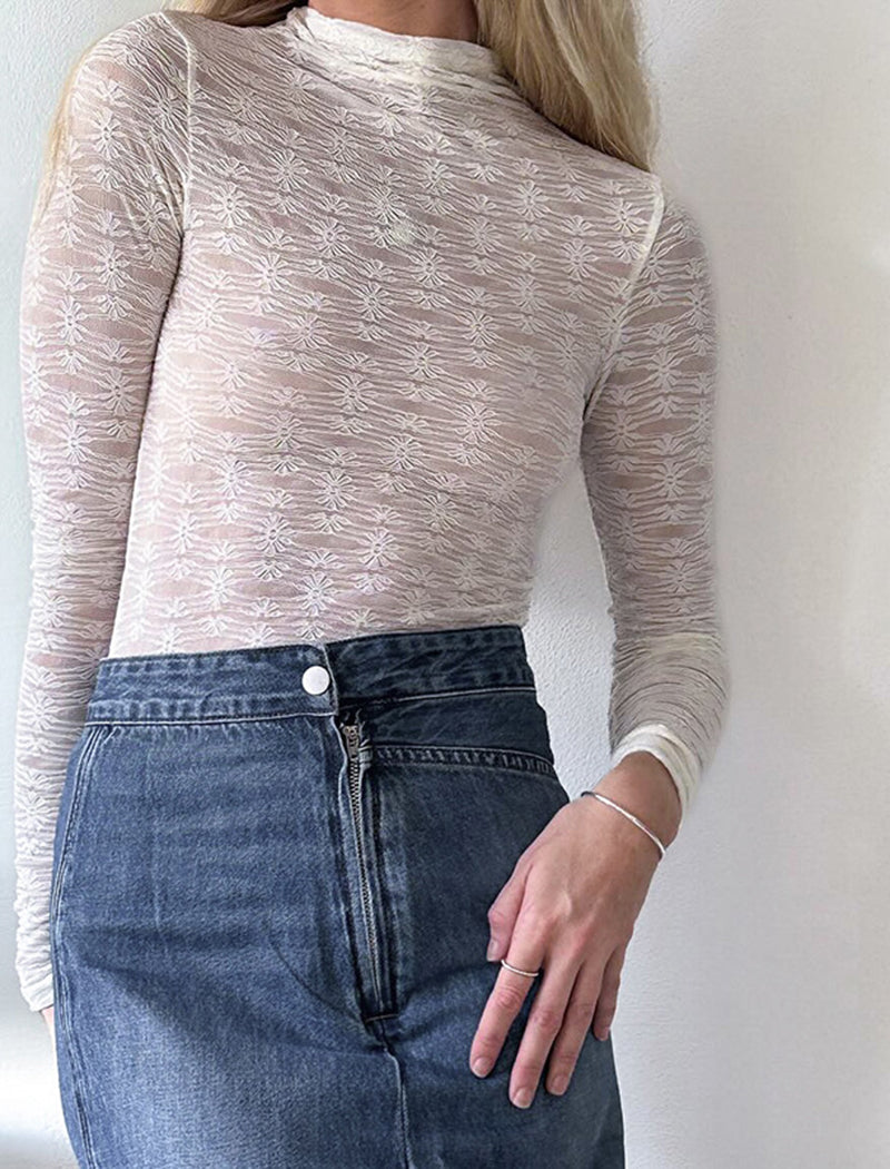 Mock Neck Sheer Long-Sleeve Top