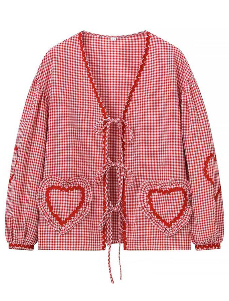 Heart Pocket Checkered Loose Long Sleeve Shirt