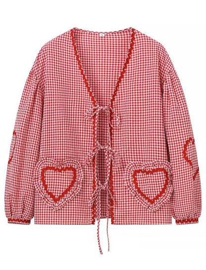Heart Pocket Checkered Loose Long Sleeve Shirt