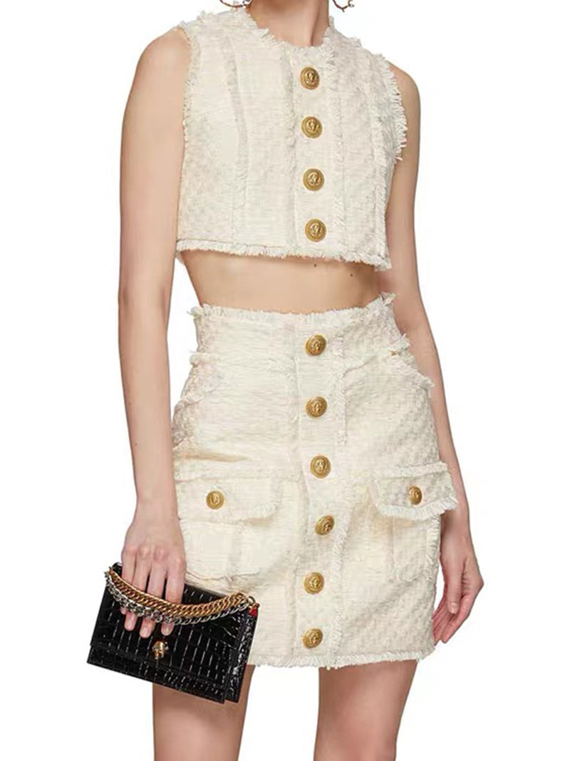 Buttoned Cropped Top and High-Rise Mini Skirt Set