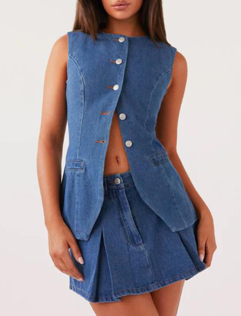 Denim Button-Up Vest and Skirt Set