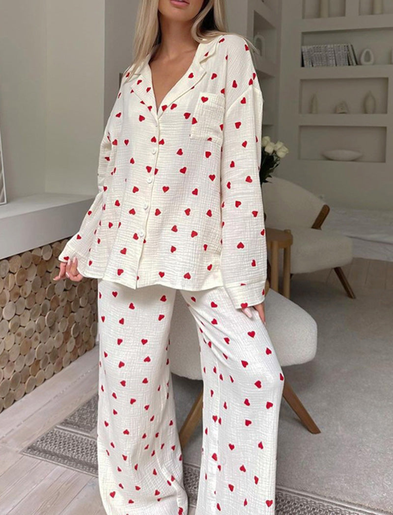 Heart Print Long Sleeve Pajama Set