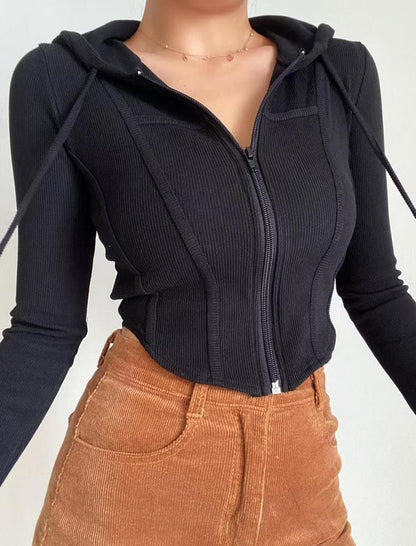 Fitted Ribbed Zip-Up Hoodie Top