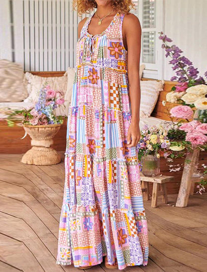 Sleeveless Patchwork Boho Maxi Dress