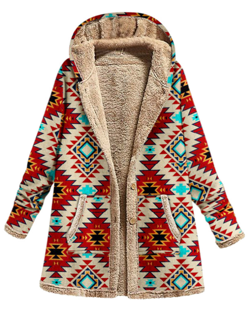 Geometric Print Hooded Coat