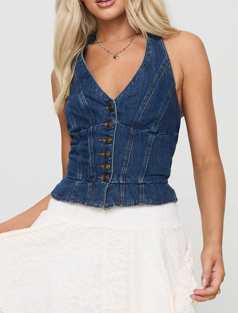 Sleeveless Halter Denim Vest